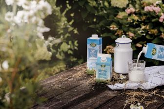 Ziegenmilch in kleinem und großen Format auf Holztisch mit Milchkanne